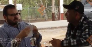 This image taken from a video shows Rodrigo Vallejo Mora (left) meeting with Servando "La Tuta" Gómez. Photo: Quadratin.