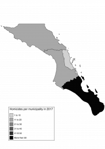 Spatial distribution of homicides in BCS in 2017
