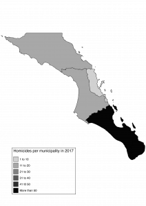 Spatial distribution of homicides in BCS in 2017. Source: SNSP, 2017. Map generated by Octavio Rodríguez Ferreira