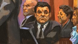 "El Chapo" at his trial, Courtroom sketch by Christine Cornell