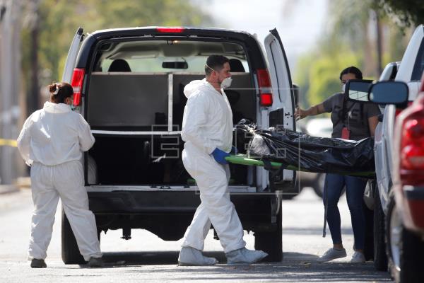 Forensic experts move a body found in a clandestine grave on a farm in Guadalajar, Jalisco in April 2019. Photo: Francisco Guasco, EFE.